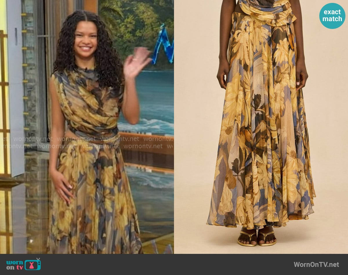 Cult Gaia Cosmea Skirt in Wild Dahlia worn by Catherine Laga'aia on Good Morning America