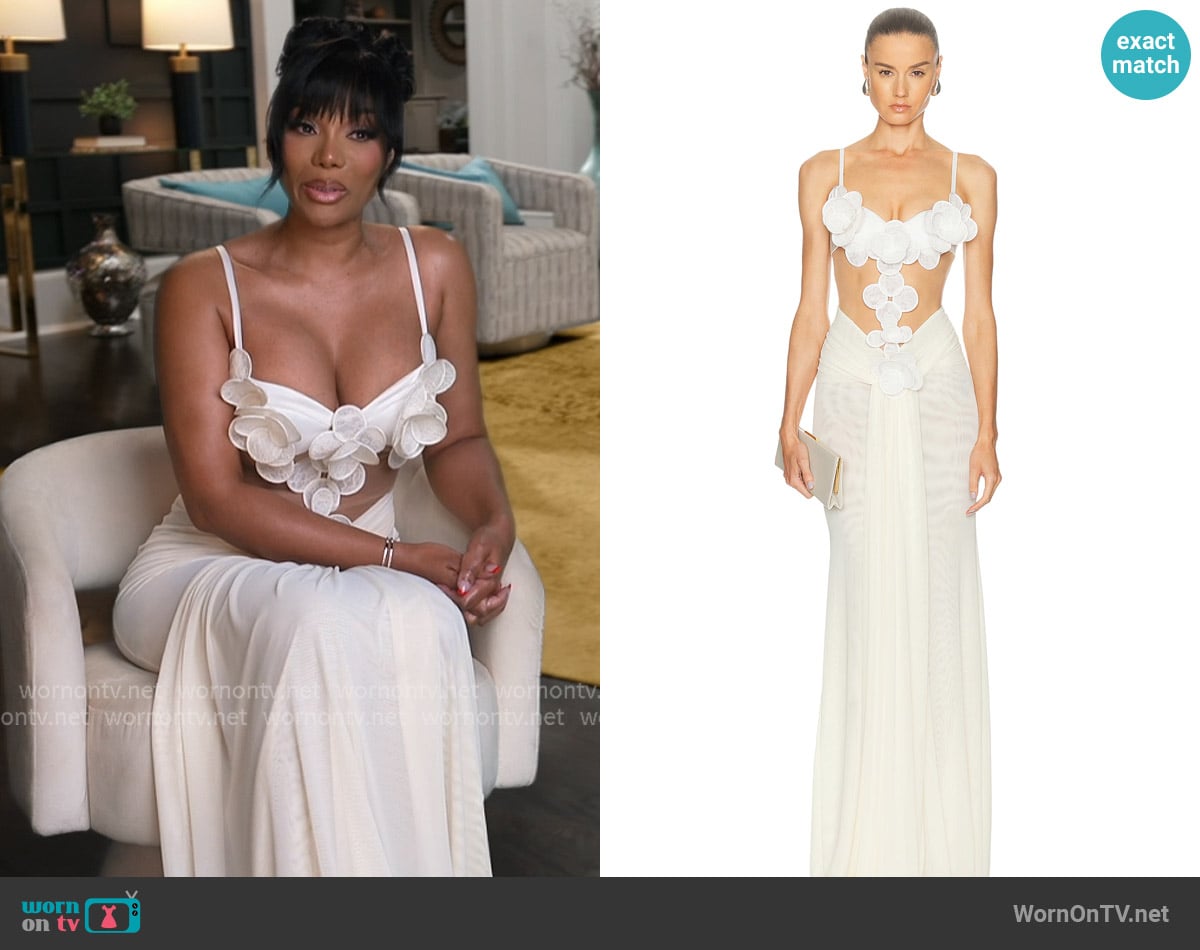 David Koma 3D Flower Embroidered Mesh Gown worn by Angela Oakley on The Real Housewives of Atlanta