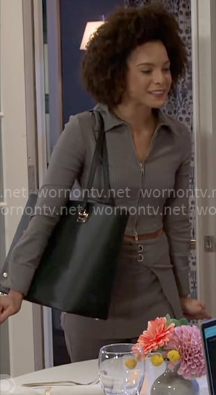 Deanna’s taupe zip shirt and pants set on Beyond the Gates