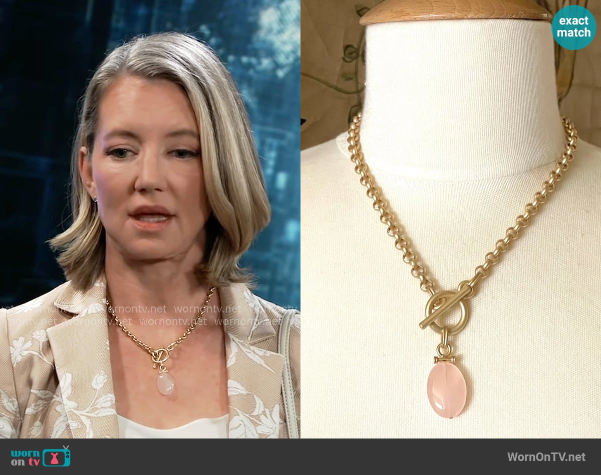 Deborah Grivas Rose Quartz Bar Pendant Matte Gold Chain Necklace worn by Nina Reeves (Cynthia Watros) on General Hospital