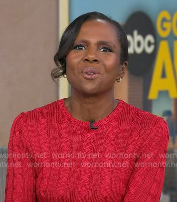 Deborah’s red cable knit sweater on Good Morning America