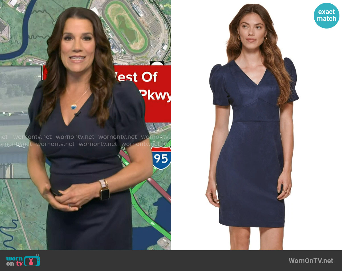 DKNY Faux-Suede Sheath Dress worn by Heather O’Rourke on Good Morning America
