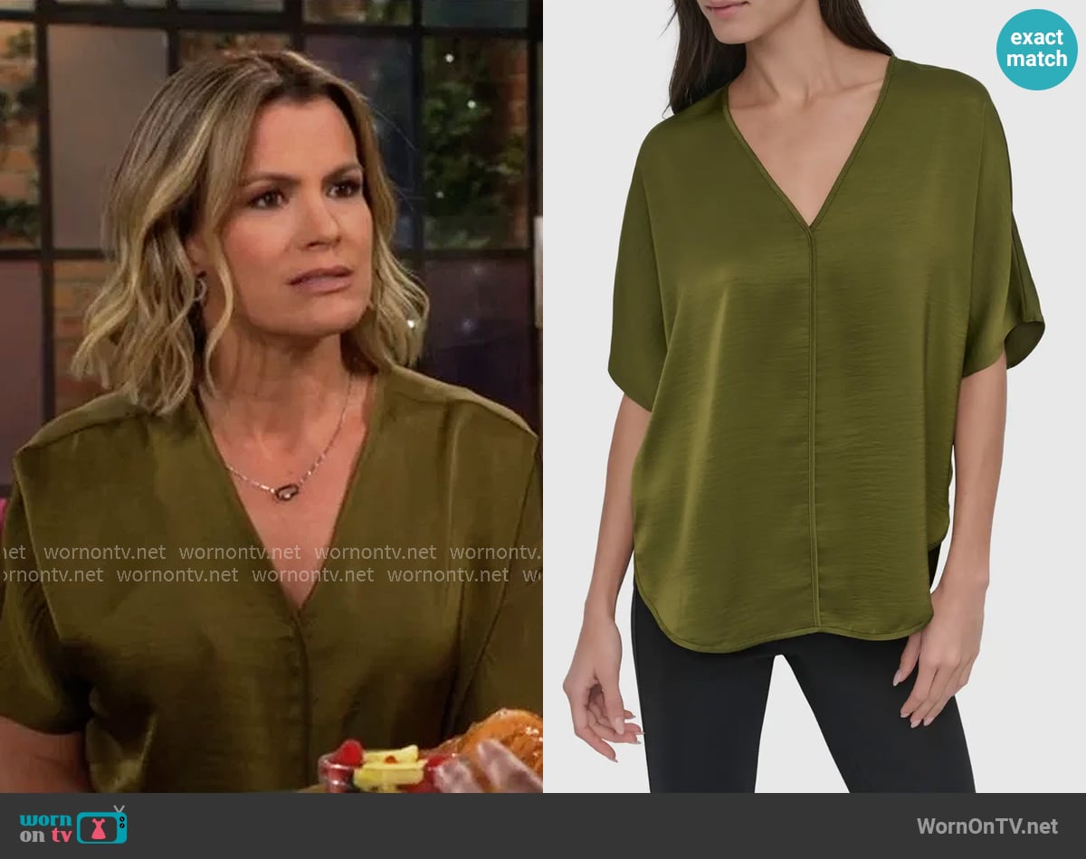 DKNY Short Sleeve Woven Top in Dark Olive worn by Chelsea Lawson (Melissa Claire Egan) on The Young and the Restless