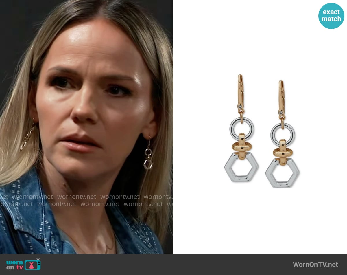 DKNY Two-Tone Circle & Hexagon Link Drop Earrings worn by Lulu Spencer (Alexa Havins Bruening) on General Hospital
