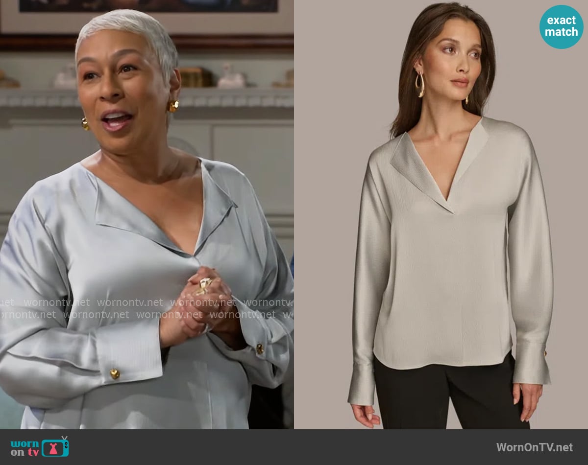 Donna Karan Long Sleeve V-neck Blouse worn by Anita Dupree (Tamara Tunie) on Beyond the Gates