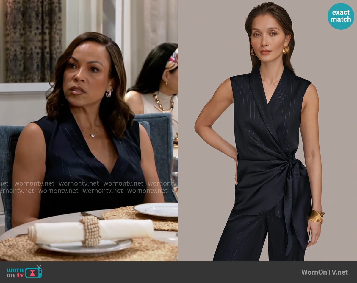 Donna Karan Pinstripe Faux Wrap Top worn by Nicole Dupree Richardson (Daphnee Duplaix) on Beyond the Gates