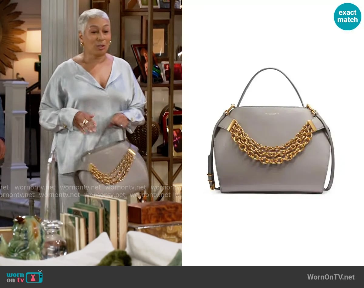 Donna Karan Plandome Chain Top Handle Leather Satchel in Cloud worn by Anita Dupree (Tamara Tunie) on Beyond the Gates