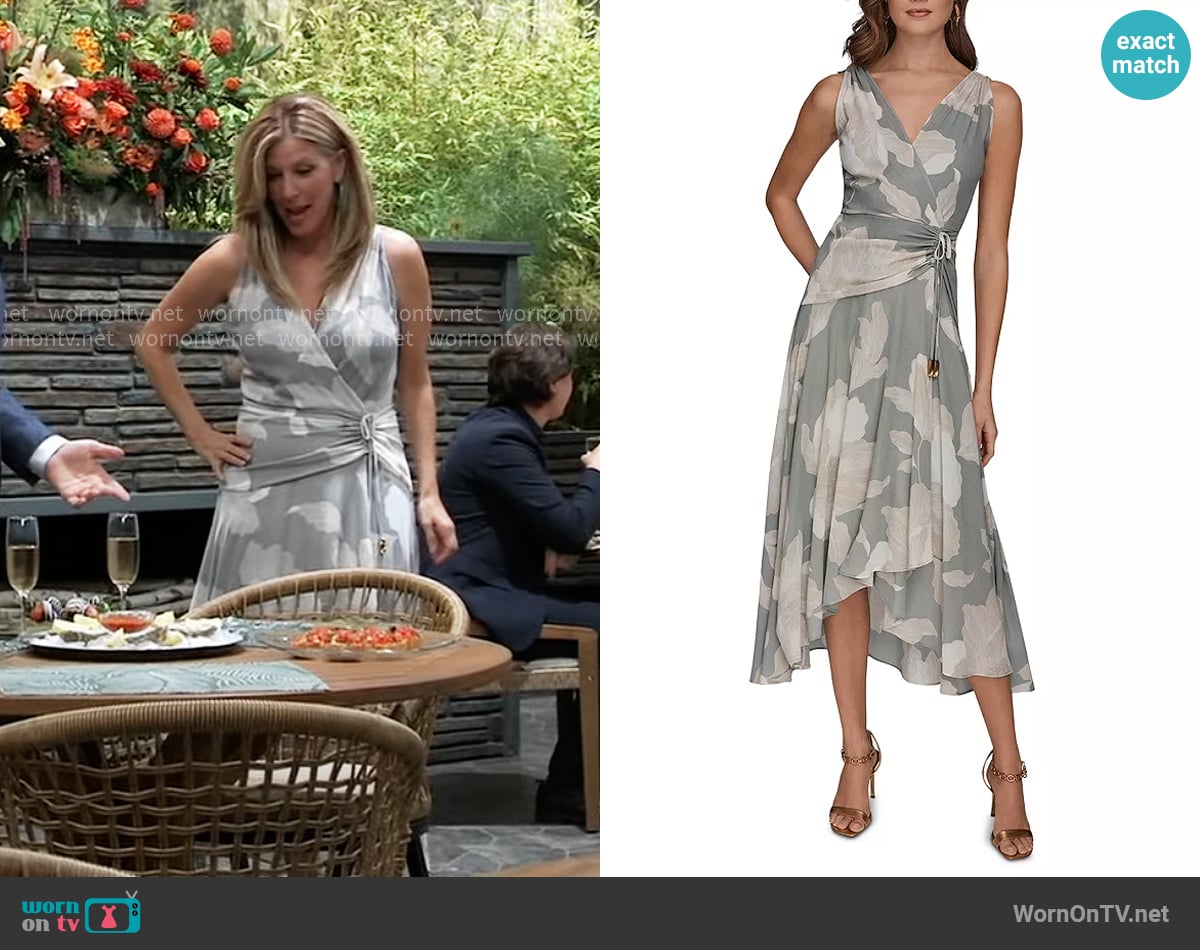 Donna Karan Sleeveless Wrap-Effect V-Neck Floral Midi Dress in Weathered Sage/ Cream worn by Carly Spencer (Laura Wright) on General Hospital