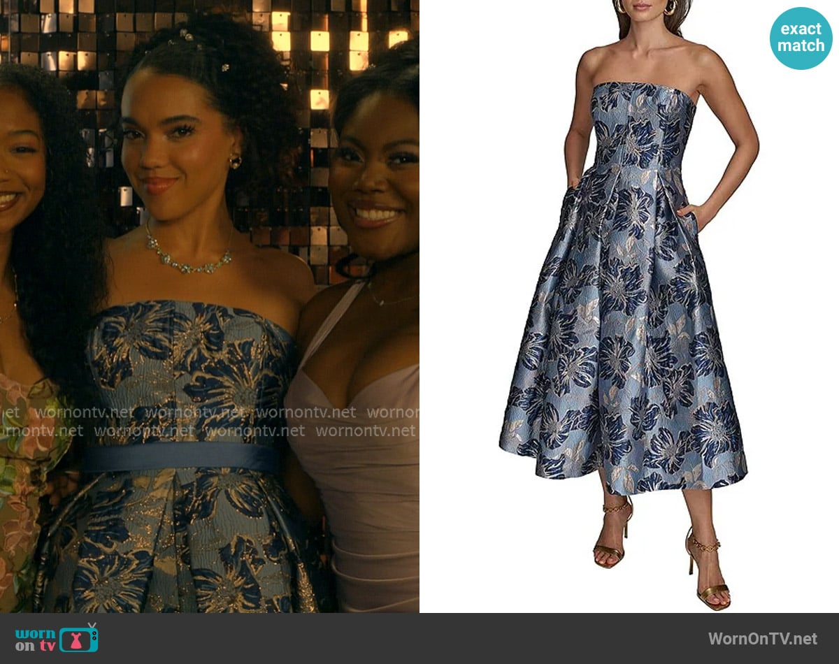 Donna Karan Strapless Jaquard Floral Print A-Line Midi Dress worn by Desiree (Sophia Echendu) on The Chi