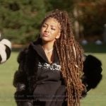 Drew’s black shearling stripe jacket on The Real Housewives of Atlanta Drew’s black shearling stripe jacket on The Real Housewives of Atlanta
