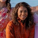 Dru-Ann's orange geometric print shirt and pants set on The Five Star Weekend