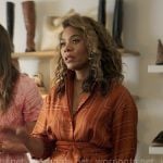 Dru-Ann’s orange geometric print shirt and pants set on The Five Star Weekend