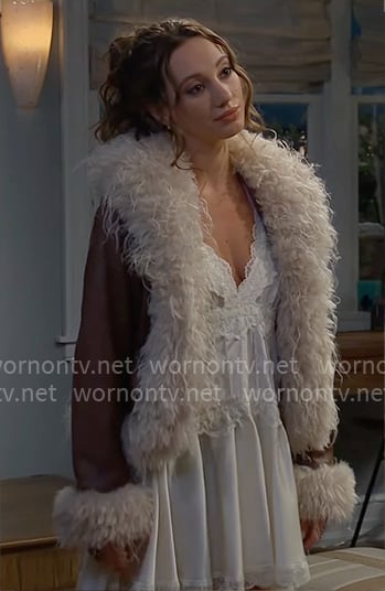 Dylan’s white mini dress and fur trim jacket on The Bold and the Beautiful