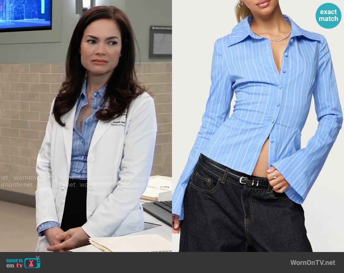 Edikted Pinstripe Tailored Button-Up Shirt worn by Elizabeth Webber (Rebecca Herbst) on General Hospital