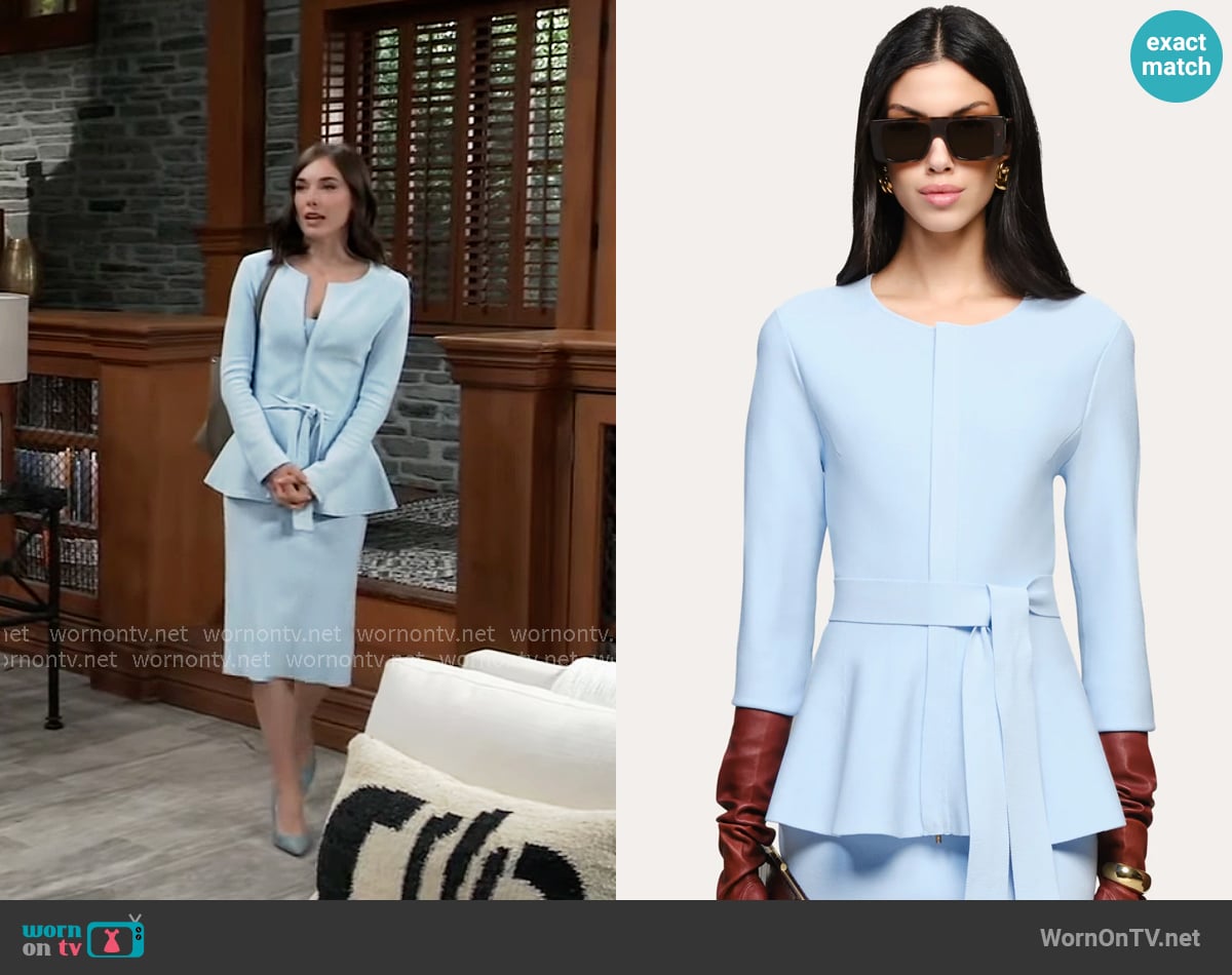 Elie Tahari Blair Milano Sculpt Peplum Top in Ice Blue worn by Willow Tait (Katelyn MacMullen) on General Hospital