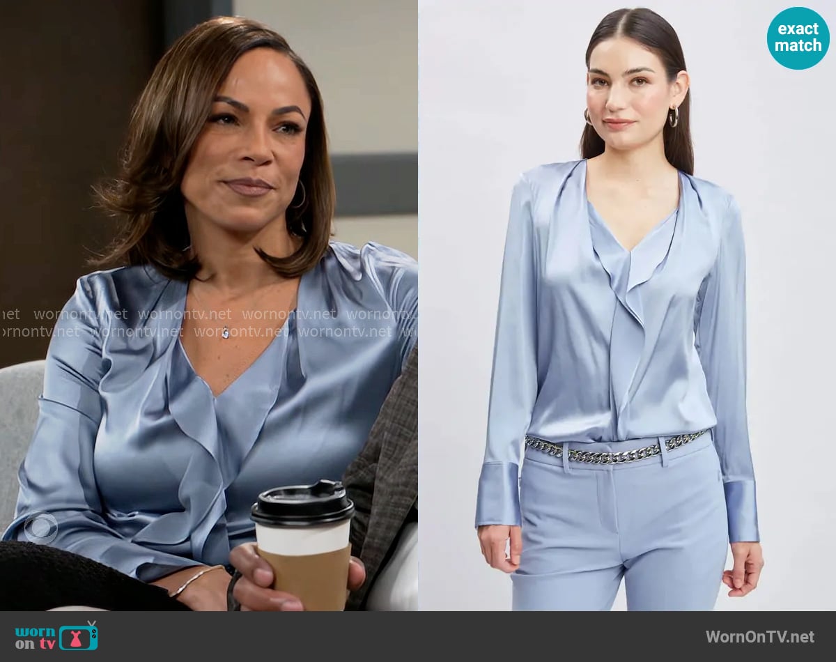 Elie Tahari Silk Satin Contour Ruffle Shirt in Blue Haze worn by Nicole Dupree Richardson (Daphnee Duplaix) on Beyond the Gates