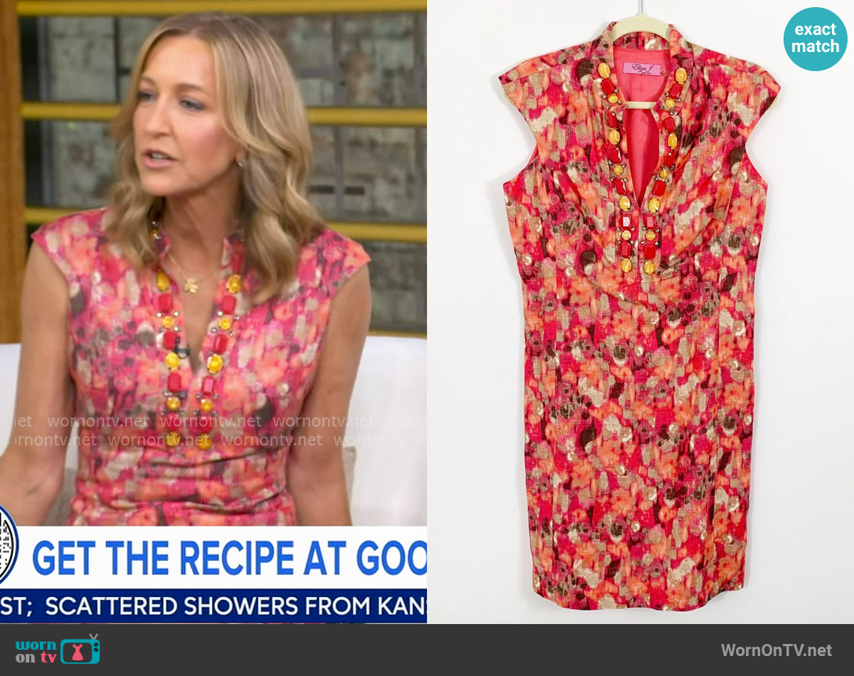 Eliza J Orange Pink Jeweled V Neck Sleeveless Sheath Dress worn by Lara Spencer on Good Morning America