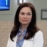 Elizabeth’s blue striped button down shirt on General Hospital