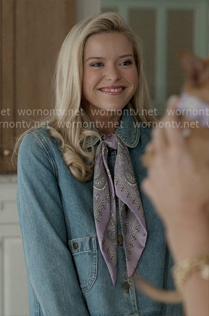 Elle’s denim jacket with patch pocket and purple bandana scarf on Elle