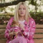 Elle’s pink cherry top, striped pants, and printed trench coat on Elle