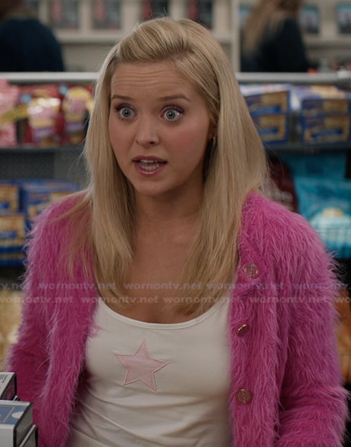 Elle’s pink shaggy jacket and top on Elle