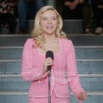 Elle’s pink square neck jacket with bow skirt on Elle