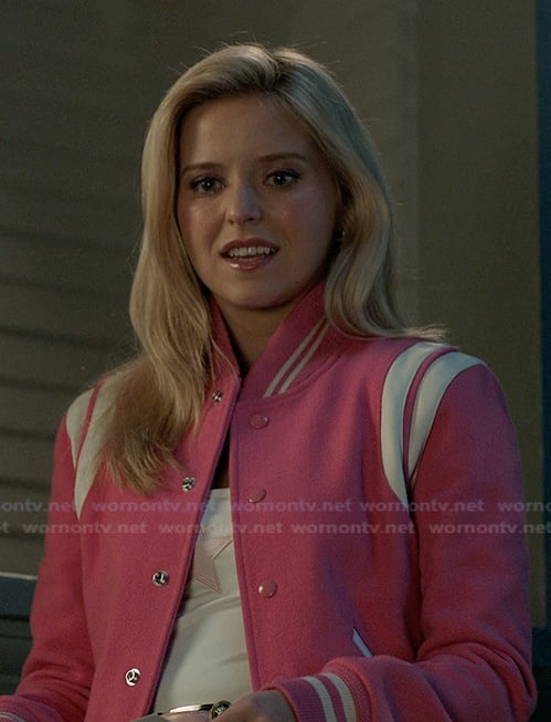 Elle’s pink varsity bomber jacket on Elle