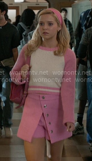 Elle’s pink varsity sweater and tweed skort on Elle
