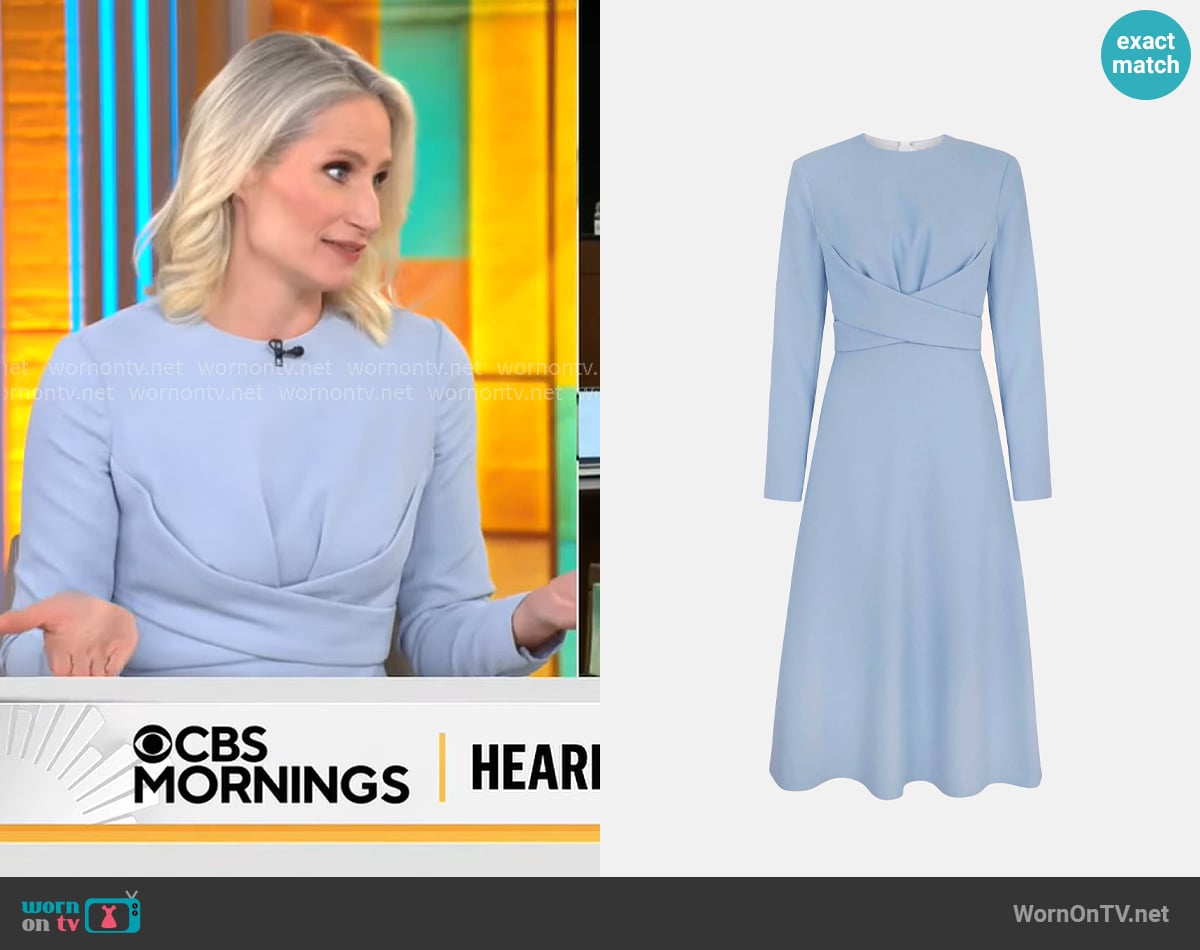 Emilia Wickstead Elta Baby-Blue Wrap-Effect Double Crepe Dress worn by Caroline Polisi on CBS Mornings