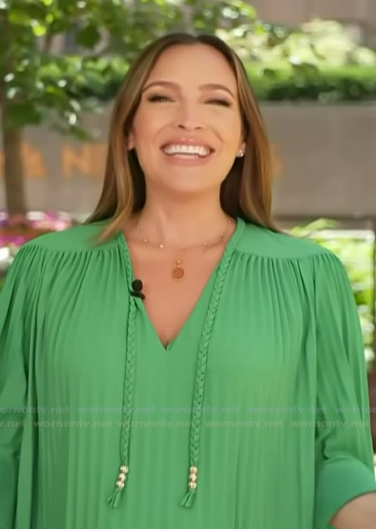 Emily’s green pleated tie neck dress on Access Hollywood