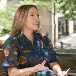 Emily’s navy floral shirtdress on Access Hollywood