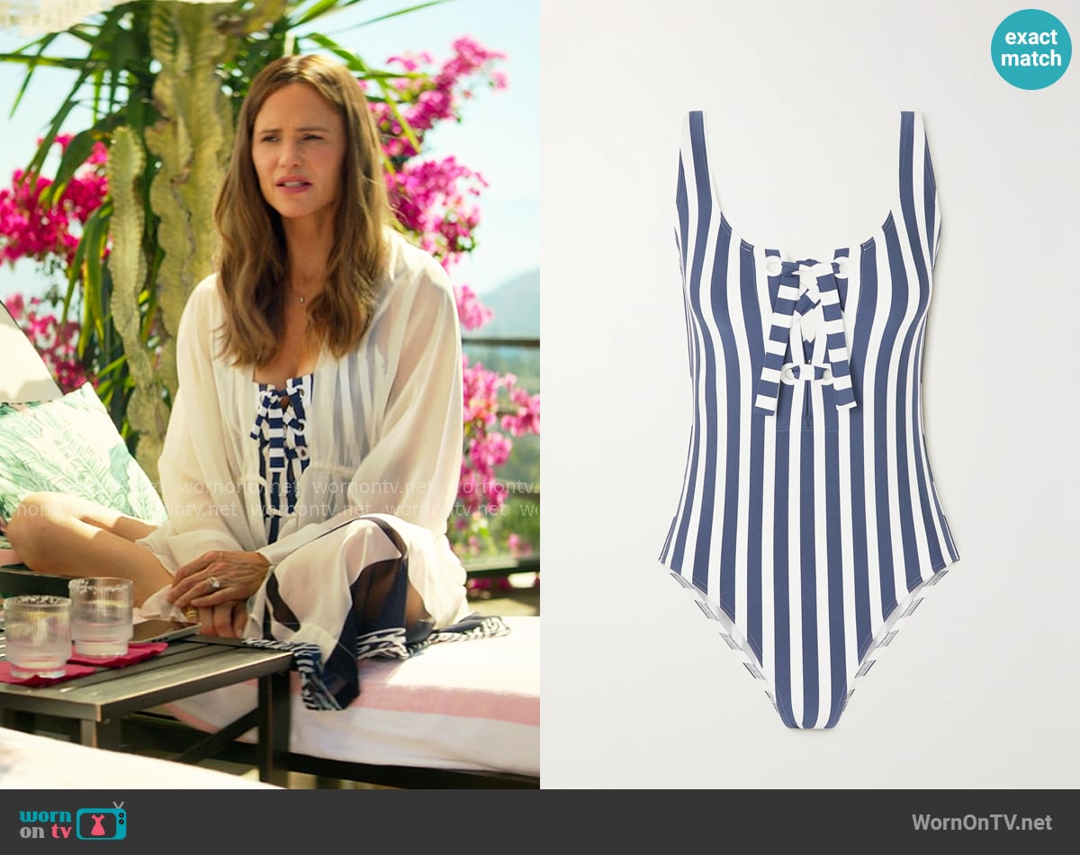 Eres Samba lace-up striped swimsuit worn by Hollis Shaw (Jennifer Garner) on The Five Star Weekend