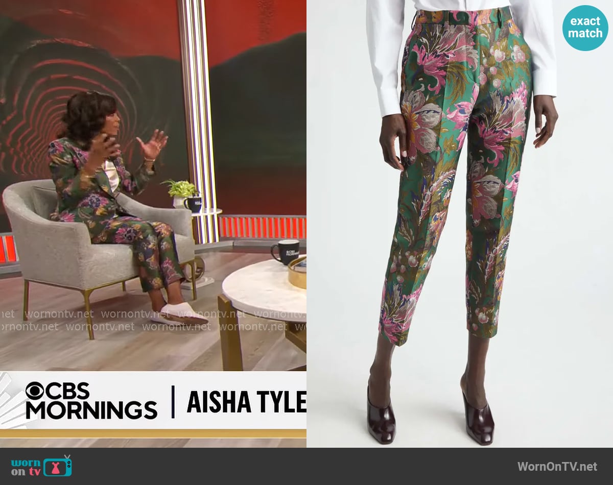 Etro Floral Jacquard Ankle Trousers worn by Aisha Tyler on CBS Mornings