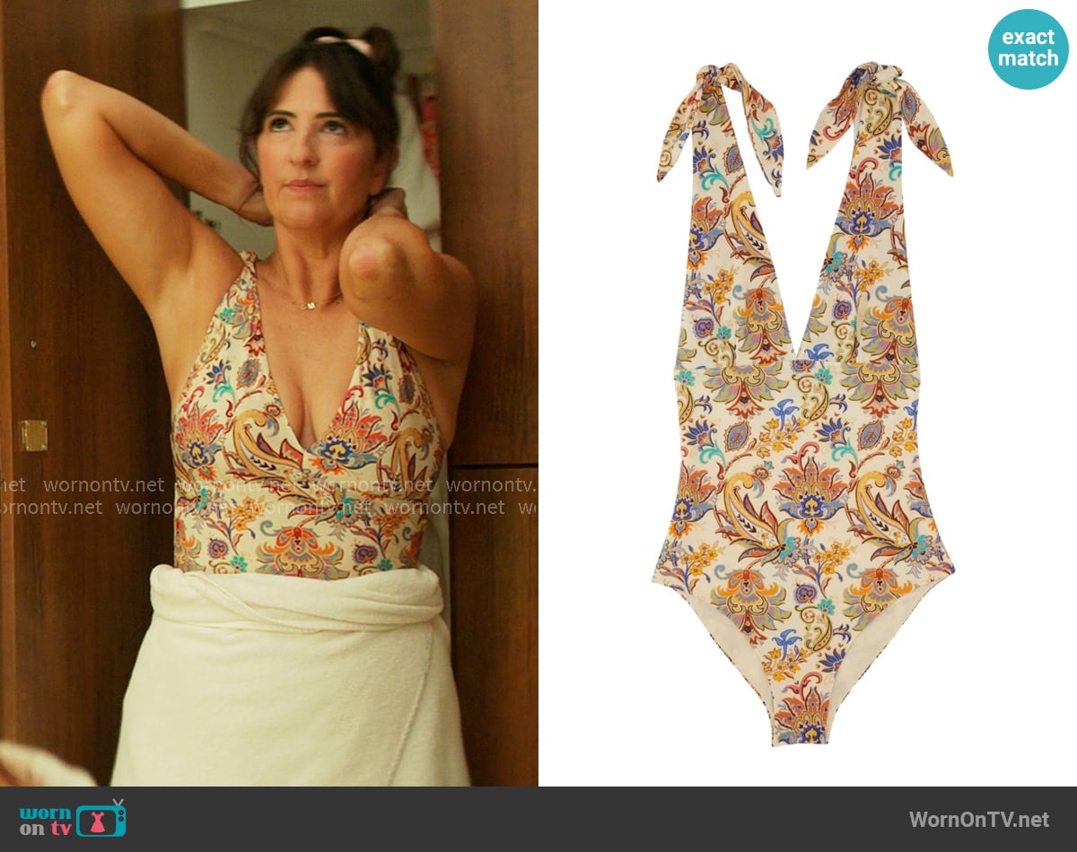 Etro Tie-shoulder Paisley-print Swimsuit worn by  Brooke Kirtley (D'Arcy Carden) on The Five Star Weekend