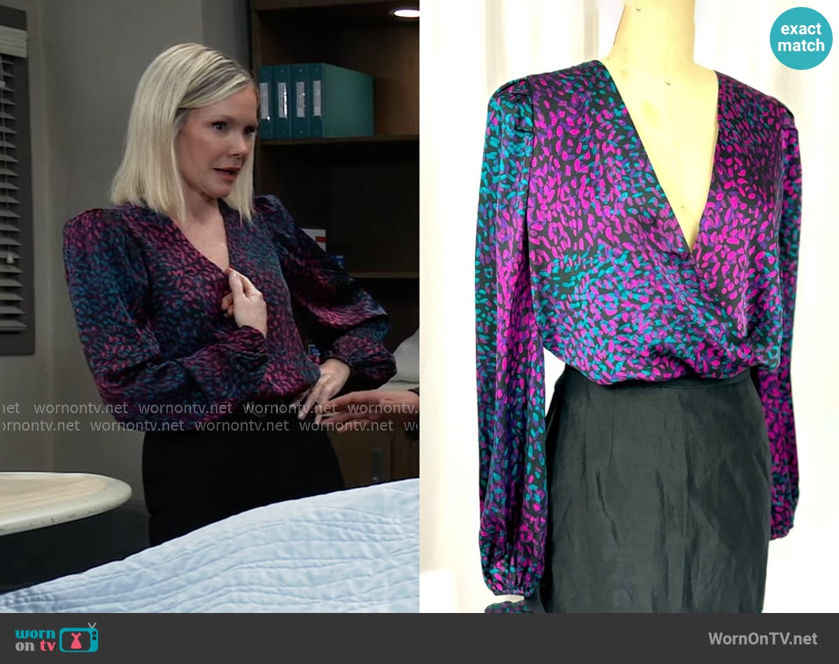 Express Satin Printed Balloon Sleeve Faux Wrap Front Bodysuit worn by Ava Jerome (Maura West) on General Hospital