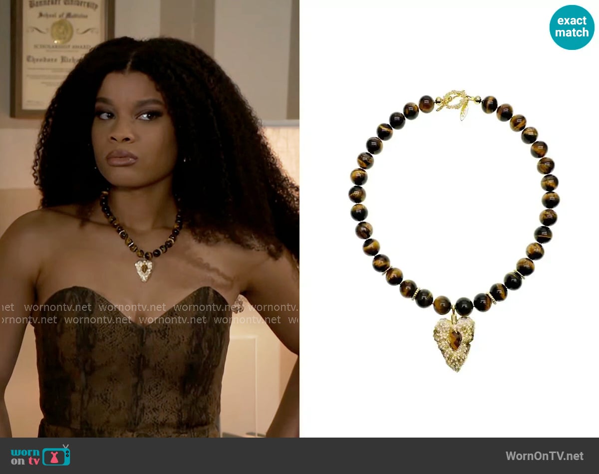Farra Tiger Eye Stone With Leaf Pendant Chunky Necklace worn by Eva Thomas (Ambyr Michelle) on Beyond the Gates