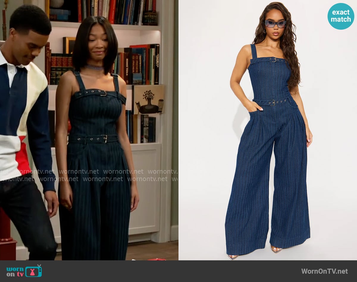 Fashion Nova Aubrey Denim Jumpsuit worn by Jessica Harris (Camryn Jade) on Beyond the Gates