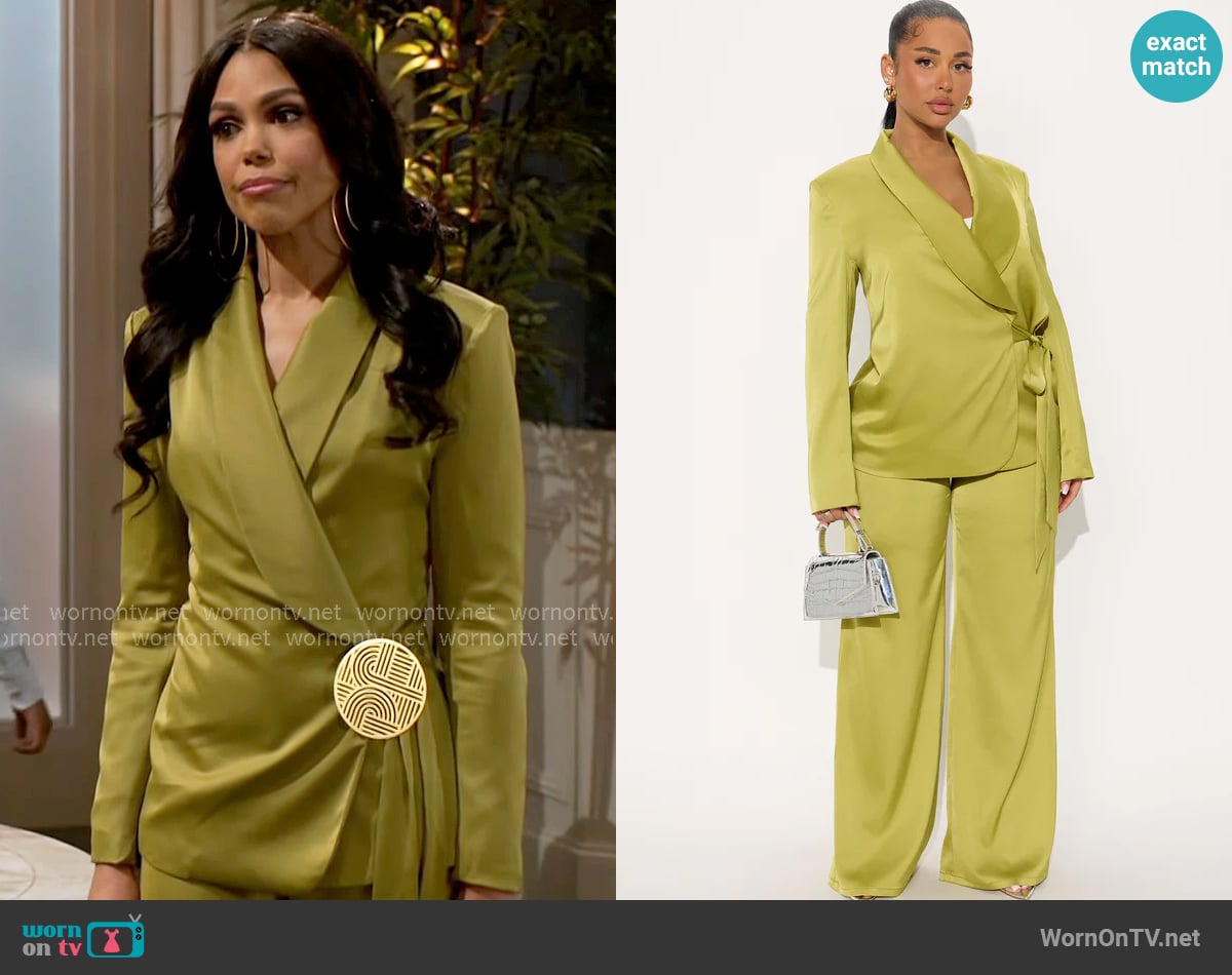 Fashion Nova Boa Satin Blazer Pant Set in Chartreuse worn by Dani Dupree (Karla Mosley) on Beyond the Gates