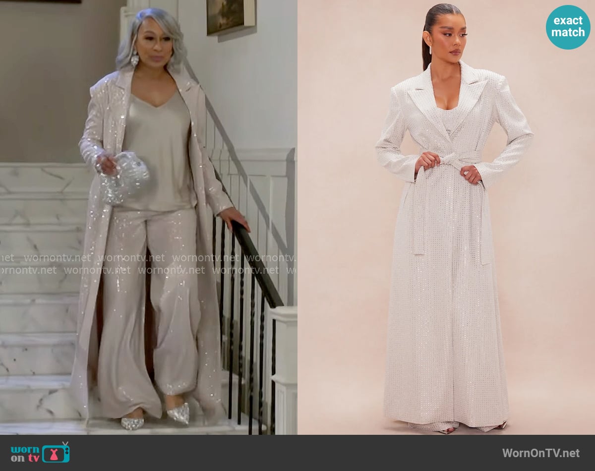 Fashion Nova Deena Embellished Trench Coat worn by Anita Dupree (Tamara Tunie) on Beyond the Gates