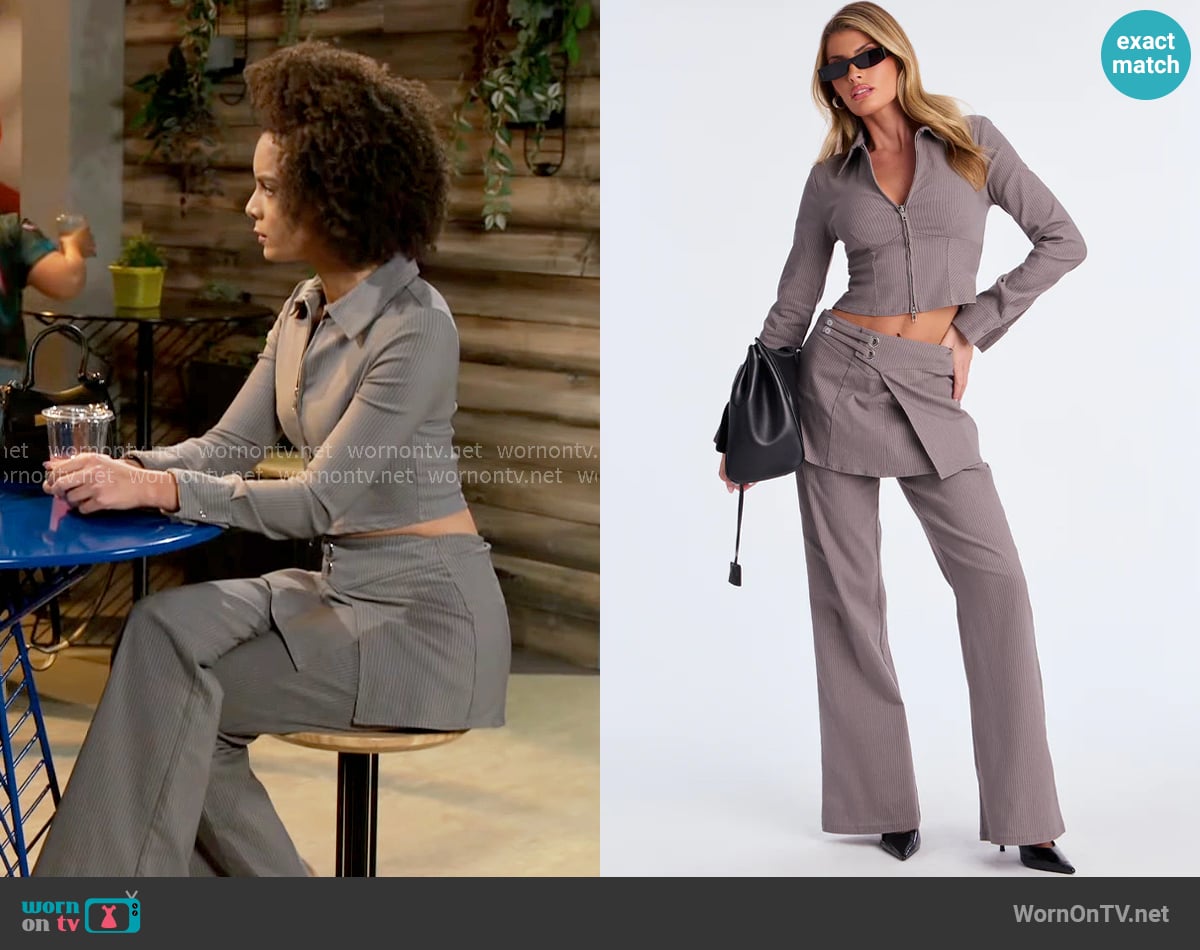 Fashion Nova Double Booked Pinstripe Pant Set worn by Deanna McBride (Angela Fairley) on Beyond the Gates