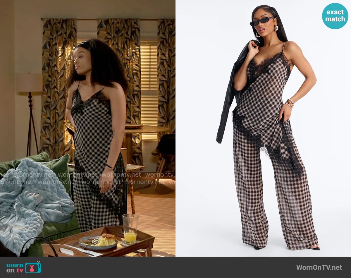 Fashion Nova Janet Checkered Lace Trim Pant Set worn by Eva Thomas (Ambyr Michelle) on Beyond the Gates