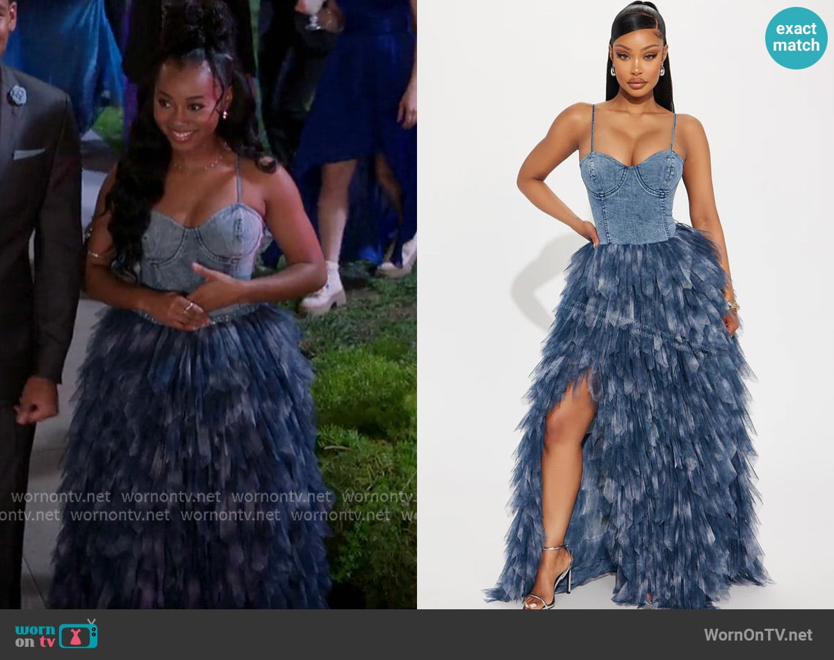 Fashion Nova Life In Denim Maxi Dress worn by Amina Simms (Alexis Chikaeze) on All American