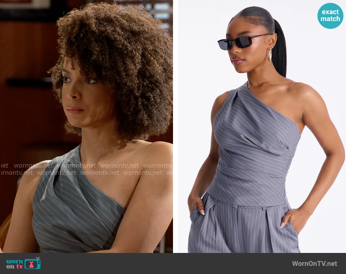 Fashion Nova Timeless One Shoulder Pinstripe Top worn by Deanna McBride (Angela Fairley) on Beyond the Gates