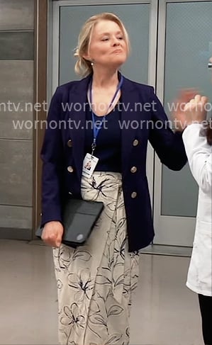 Felicia’s navy blazer and floral wrap skirt on General Hospital