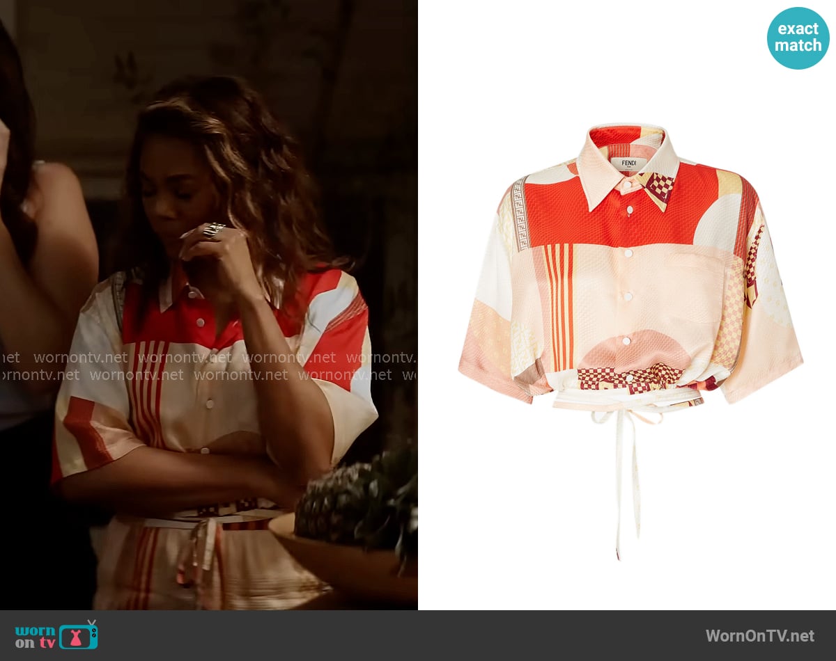 Fendi Graphic-print Cropped Shirt worn by  Dru-Ann Jones ( Regina Hall) on The Five Star Weekend