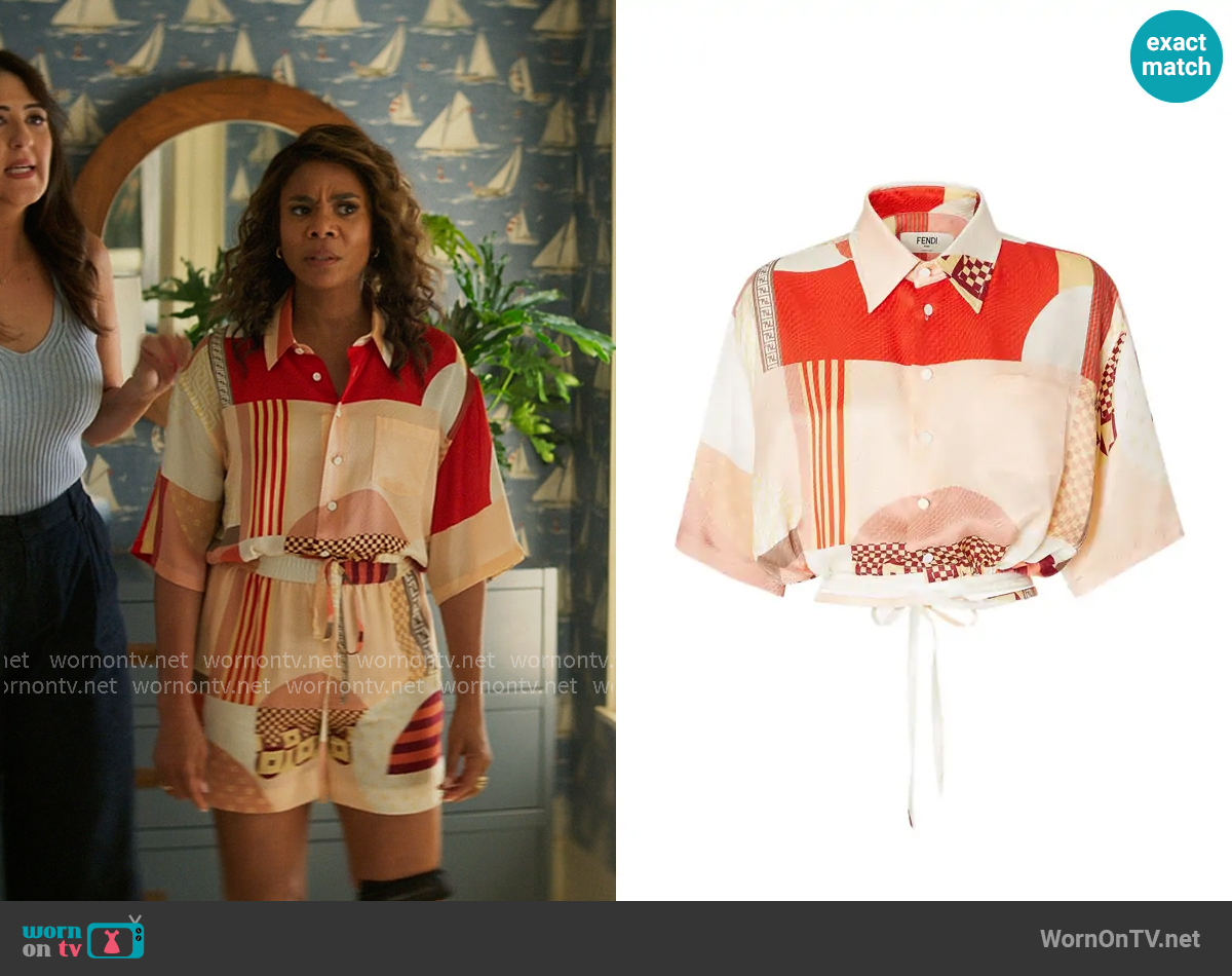 Fendi Graphic-print Cropped Shirt worn by  Dru-Ann Jones (Regina Hall) on The Five Star Weekend