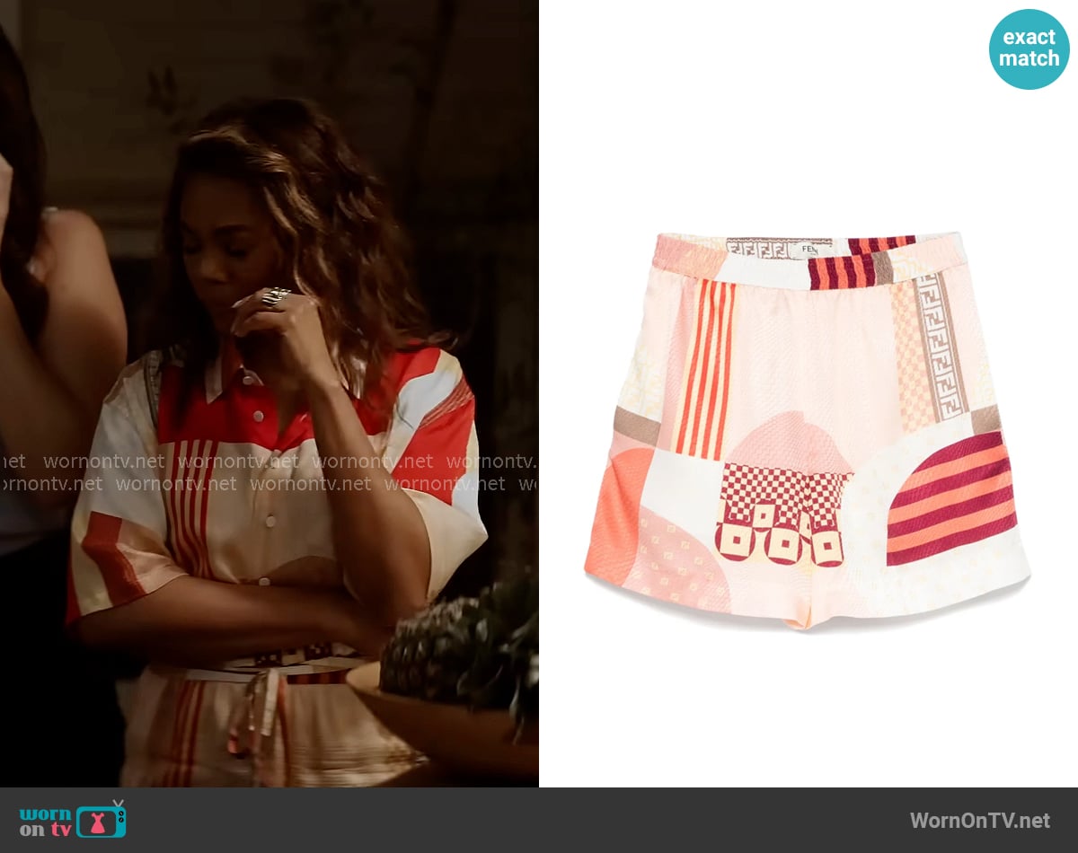 Fendi Patchwork-print Silk Shorts worn by  Dru-Ann Jones ( Regina Hall) on The Five Star Weekend