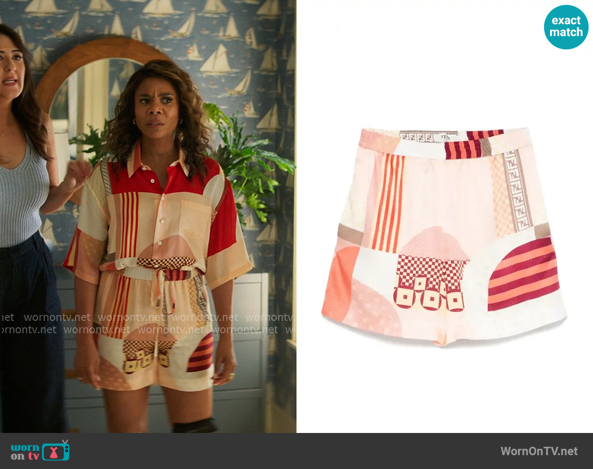 Fendi Patchwork-print Silk Shorts worn by  Dru-Ann Jones (Regina Hall) on The Five Star Weekend