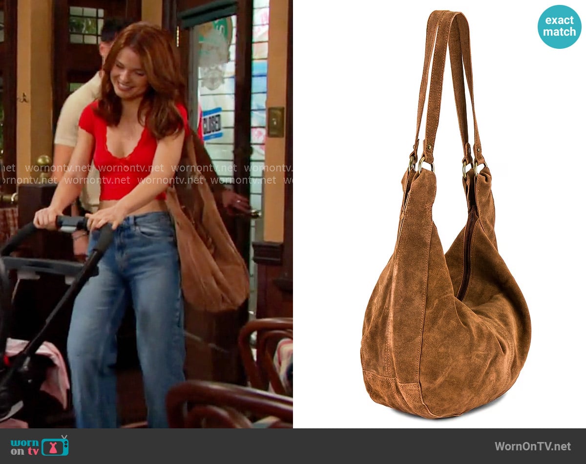 Joy’s brown suede bag on Days of our Lives