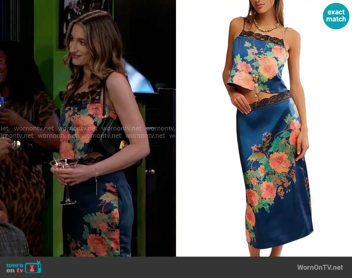 Free People Salvatore Floral Lace Trim Camisole & Midi Skirt Set in Reflecting Pond Combo worn by Ashley Morgan (Jen Jacob) on Beyond the Gates